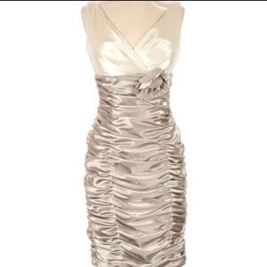 David's Bridal; Women's Satin Tan and Cream Ruched Bodycon Dress, Size 14